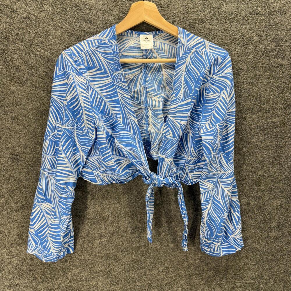 Shade & Shore Cropped Top Women M Medium Blue Floral V-Neck Tie Up Long Sleeve